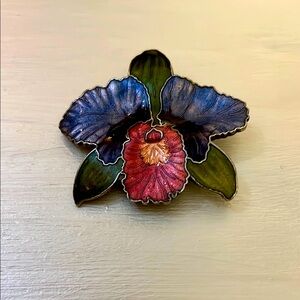 Orchid Floral Hand Painted Brooch Pin with Blue and Pink Petals